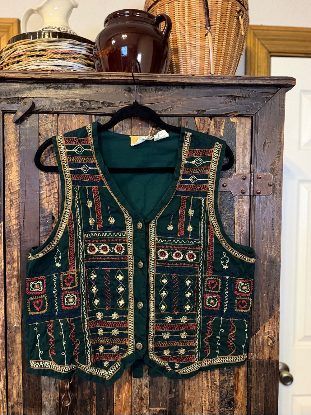 Vintage 90s Weekend Provisions Embroidered Vest L Green Boho Folk Art prairie
